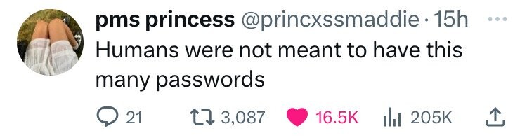 pms princess @princxssmaddie.15h ... Humans were not meant to have this many passwords 21 3,087 16.5K 205K