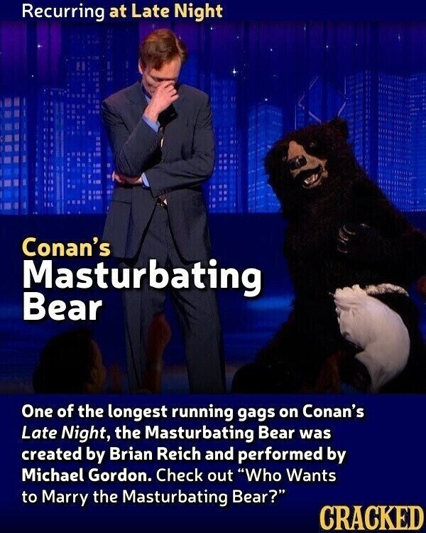 Recurring at Late Night Conan's Masturbating Bear One of the longest running gags on Conan's Late Night, the Masturbating Bear was created by Brian Reich and performed by Michael Gordon. Check out Who Wants to Marry the Masturbating Bear? CRACKED