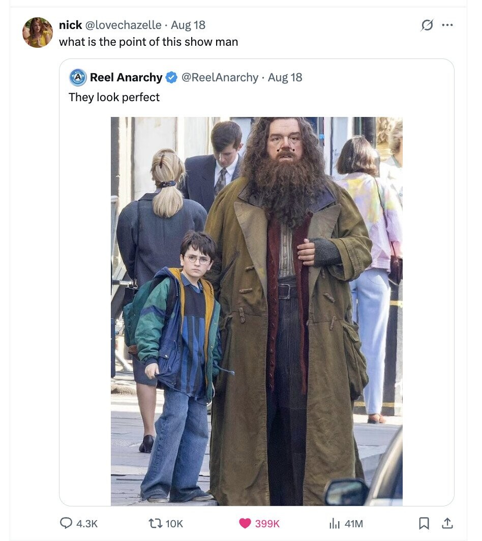 nick @lovechazelle Aug 18 G ... what is the point of this show man Reel Anarchy @ReelAnarchy . Aug 18 They look perfect 4.3K 10K 399K 41M 