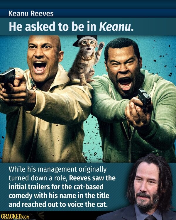 Keanu Reeves Не asked to be in Keanu. While his management originally turned down a role, Reeves saw the initial trailers for the cat-based comedy with his name in the title and reached out to voice the cat. CRACKED.COM