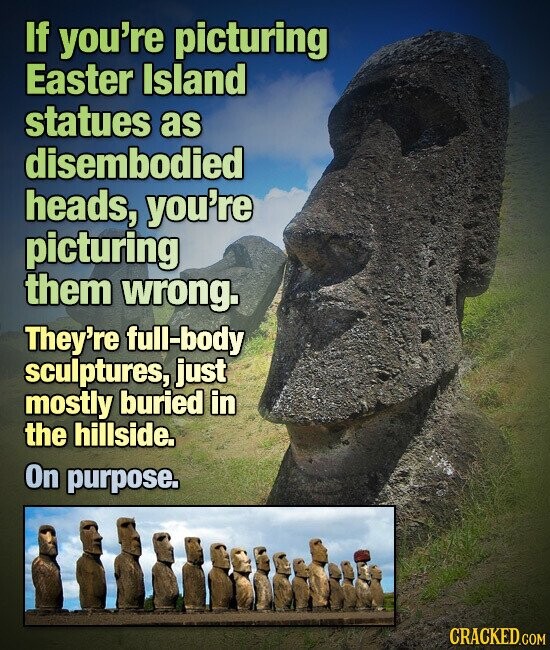 If you're picturing Easter Island statues as disembodied heads, you're picturing them wrong. They're full-body sculptures, just mostly buried in the hillside. On purpose. CRACKED.COM