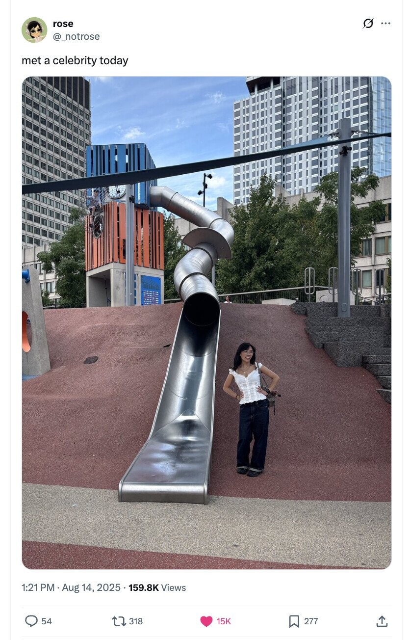 rose G... @_notrose met a celebrity today 1:21 PM Aug 14, 2025 159.8K Views 54 318 15K 277 