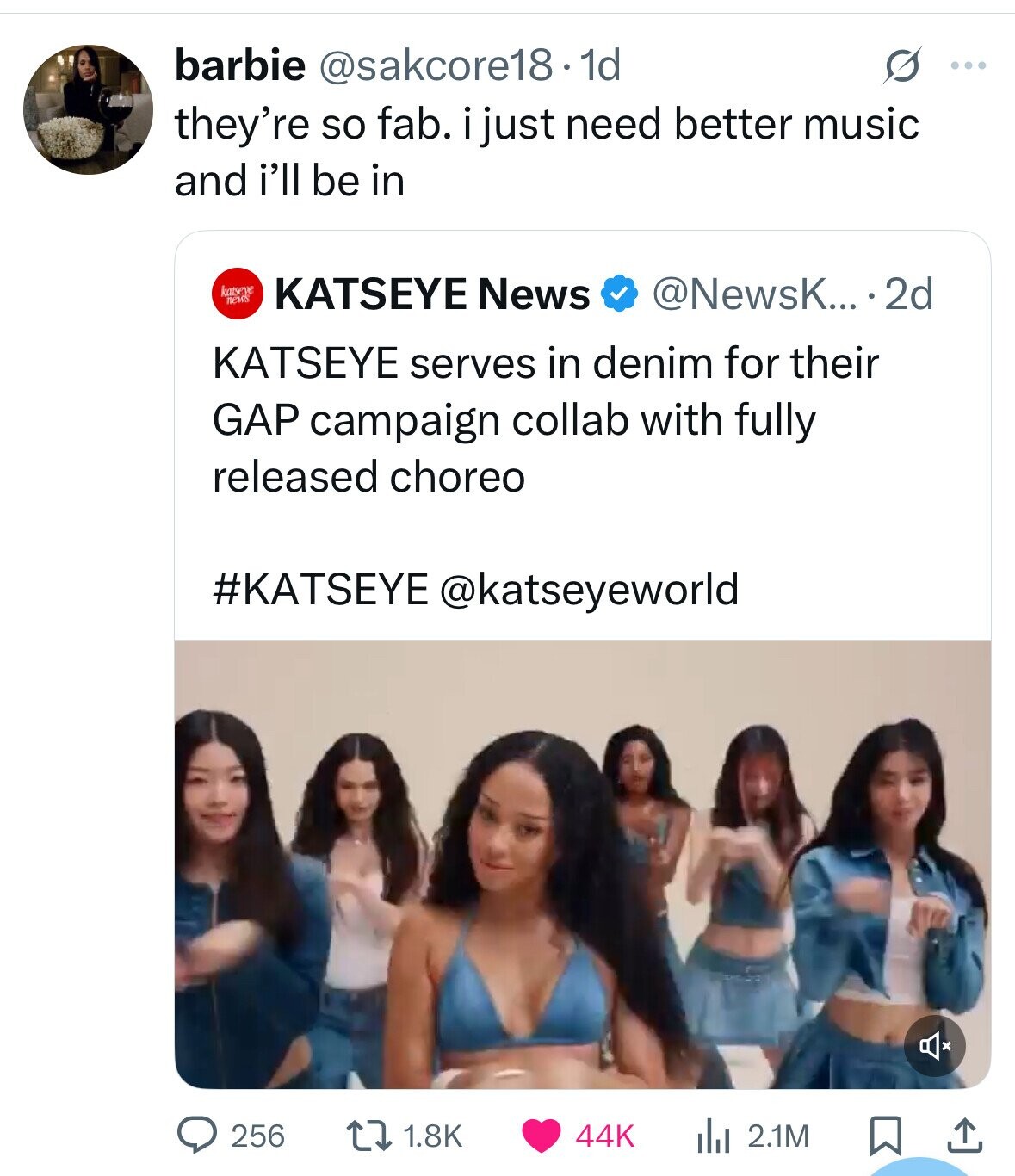 barbie @sakcore18. 1d S ... they're so fab. i just need better music and i'll be in katseye news KATSEYE News @NewsK... .2d KATSEYE serves in denim for their GAP campaign collab with fully released choreo #KATSEYE @katseyeworld 256 1.8K 44K del 2.1M 