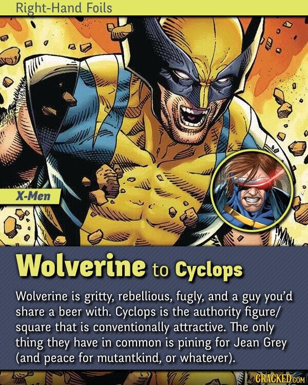 Right-Hand Foils X-Men Wolverine to Cyclops Wolverine is gritty, rebellious, fugly, and a guy you'd share a beer with. Cyclops is the authority figure/ square that is conventionally attractive. The only thing they have in common is pining for Jean Grey (and peace for mutantkind, or whatever). CRACKED COM