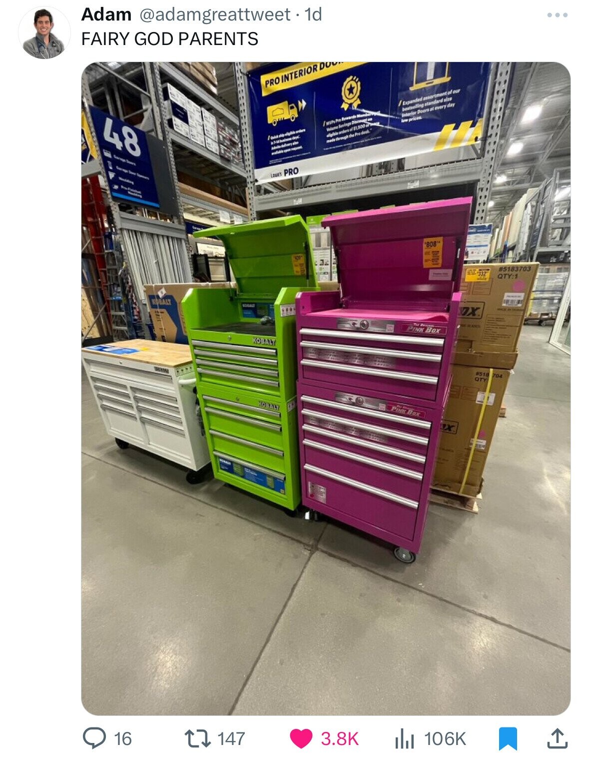 Adam @adamgreattweet. dd ... FAIRY GOD PARENTS PRO INTERIOR DO I Expanded assortment of our bestselling standard elze Interior Doors at every day 48 low prices Rewards Valume Savings Discount aligible orders of $1,500 / offer mais through - days - delivery albe B estable Garap Suere I B Lour's PRO - M / '808 .د #5183703 the 332 QTY:1 KOBALT KOBALI OX RANS PINK Box KOBALY #518 704 QTY ROBALT PINK Box 1 147 3.8K 16 106K 