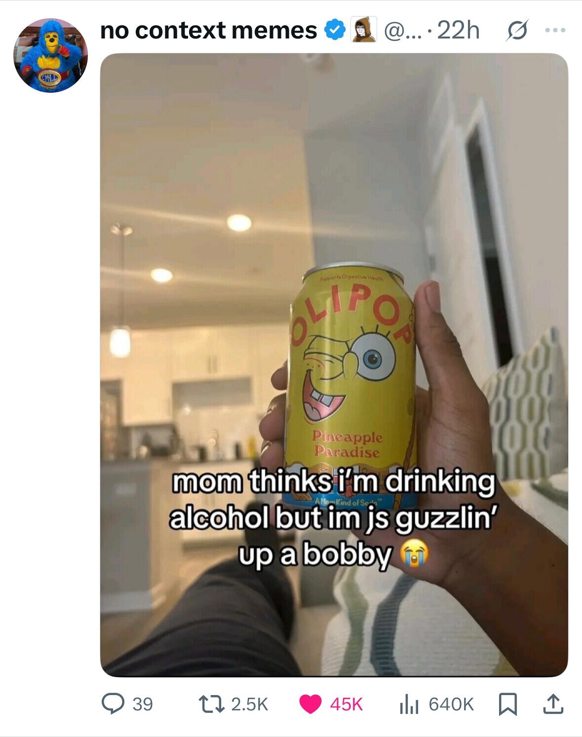 no context memes @....22h s ... 00 Supporta BLIPOR Pineapple Paradise mom thinks i'm drinking alcohol but im of Soda js guzzlin' Kind up a bobby 39 2.5K 640K 45K