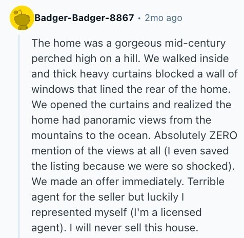 Badger-Badger-8867 . 2mo ago The home was a gorgeous mid-century perched high on a hill. We walked inside and thick heavy curtains blocked a wall of windows that lined the rear of the home. We opened the curtains and realized the home had panoramic views from the mountains to the ocean. Absolutely ZERO mention of the views at all (I even saved the listing because we were so shocked). We made an offer immediately. Terrible agent for the seller but luckily I represented myself (I'm a licensed agent). I will never sell this house. 