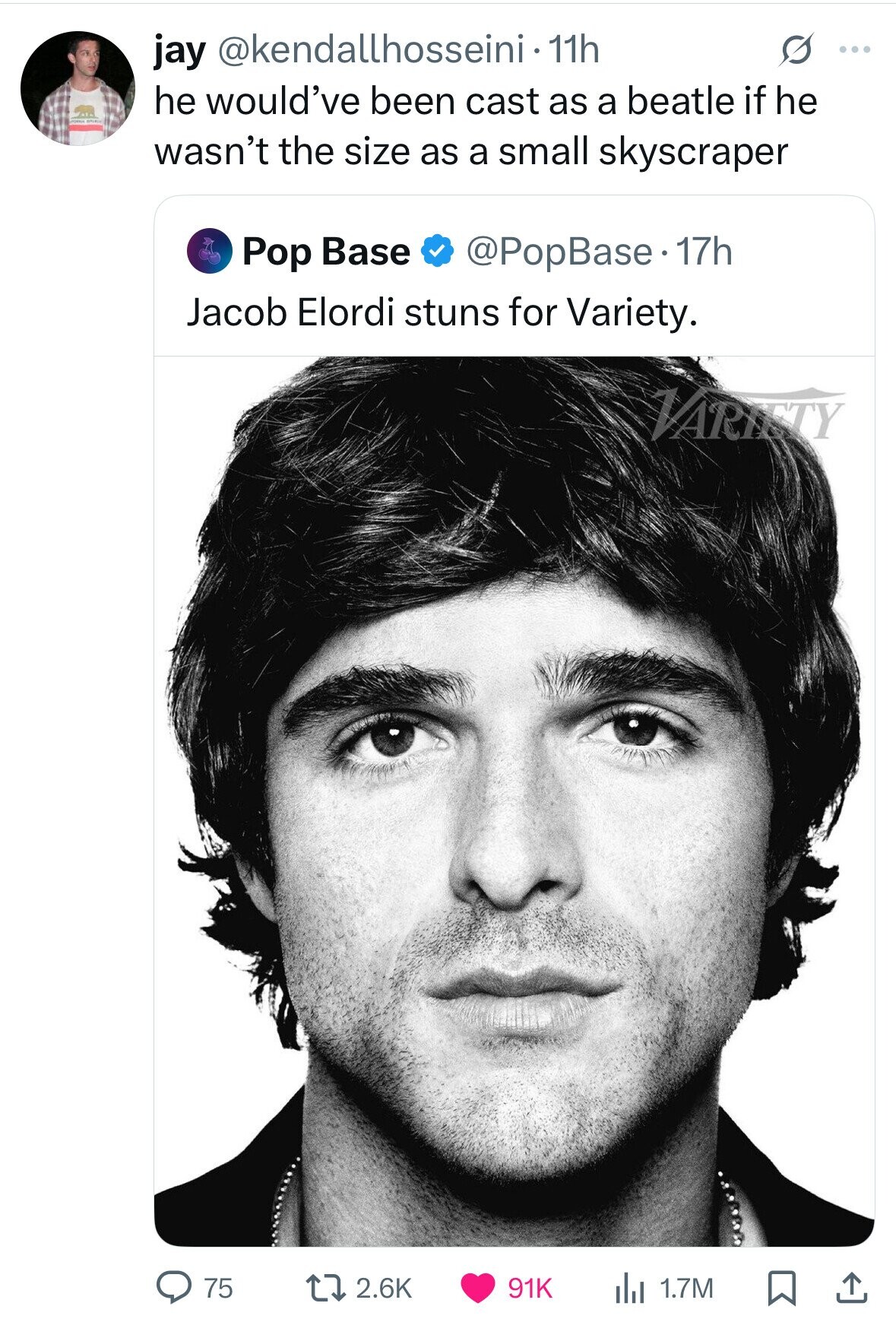 jay @kendallhosseini - 11h S ... he would've been cast as a beatle if he wasn't the size as a small skyscraper Pop Base @PopBase.17h Jacob Elordi stuns for Variety. VARIETY 75 2.6K 91K del 1.7M 