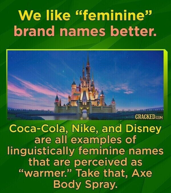 We like feminine brand names better. CRACKED.COM Соса-Соӏа, Nike, and Disney are all examples of linguistically feminine names that are perceived as warmer. Take that, Axe Body Spray.