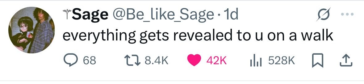 Sage @Be_like_Sage 1d everything gets revealed to u on a walk 68 8.4K 42K 528K