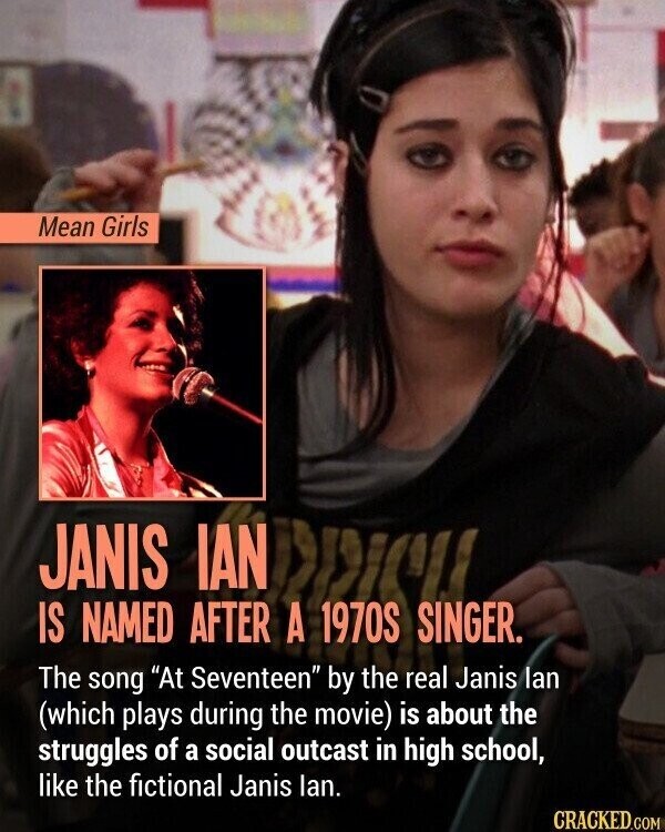 Mean Girls The JANIS IS NAMED At AFTER IAN INDRICH A by the real SINGER. song Seventeen Janis lan (which plays during the movie) is about the struggles of a social outcast in high school, like the fictional Janis lan. CRACKED.COM