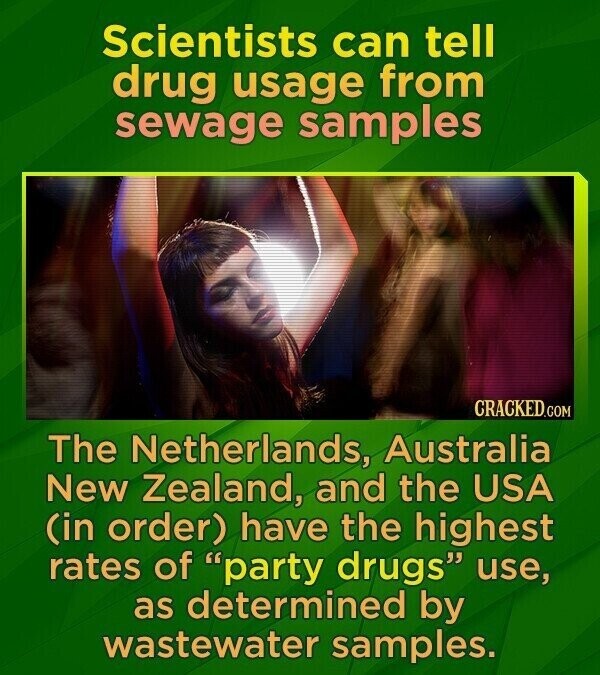 Scientists can tell drug usage from sewage samples CRACKED.COM The Netherlands, Australia New Zealand, and the USA (in order) have the highest rates of party drugs use, as determined by wastewater samples.