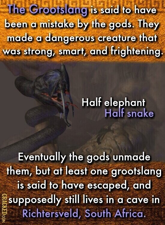The Grootslang is said to have been a mistake by the gods. They made a dangerous creature that was strong, smart, and frightening. Half elephant Half snake Eventually the gods unmade them, but at least one grootslang is said to have escaped, and CRACKED.COM supposedly still lives in a cave in Richtersveld, South Africa.