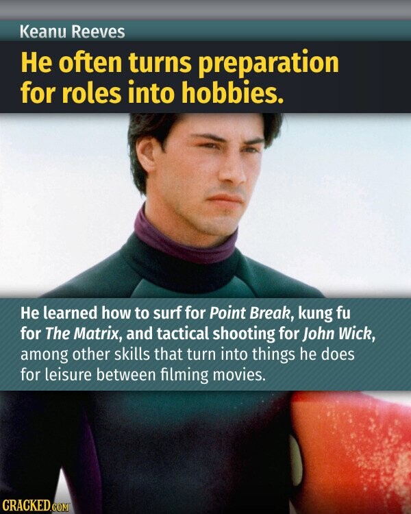 Keanu Reeves Не often turns preparation for roles into hobbies. Не learned how to surf for Point Break, kung fu for The Matrix, and tactical shooting for John Wick, among other skills that turn into things he does for leisure between filming movies. CRACKED.COM