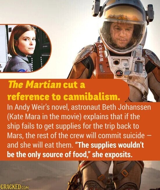 ARES The Martian cut a reference to cannibalism. In Andy Weir's novel, astronaut Beth Johanssen (Kate Mara in the movie) explains that if the ship fails to get supplies for the trip back to Mars, the rest of the crew will commit suicide - and she will eat them. The supplies wouldn't be the only source of food, she exposits. CRACKED.COM