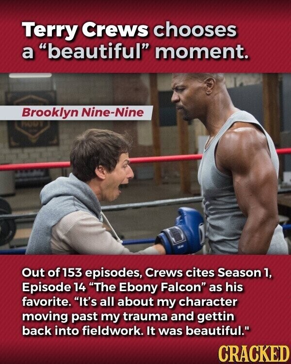 Terry Crews chooses a beautiful moment. Brooklyn Nine-Nine RODI Out of 153 episodes, Crews cites Season 1, Episode 14 The Ebony Falcon as his favorite. It's all about my character moving past my trauma and gettin back into fieldwork. It was beautiful. CRACKED