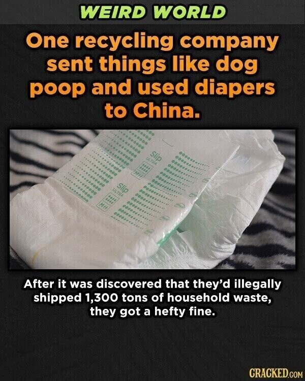 WEIRD WORLD One recycling company sent things like dog poop and used diapers to China. Slip ULTRA M Slip ULTRA . MH After it was discovered that they'd illegally shipped 1,300 tons of household waste, they got a hefty fine. CRACKED.COM