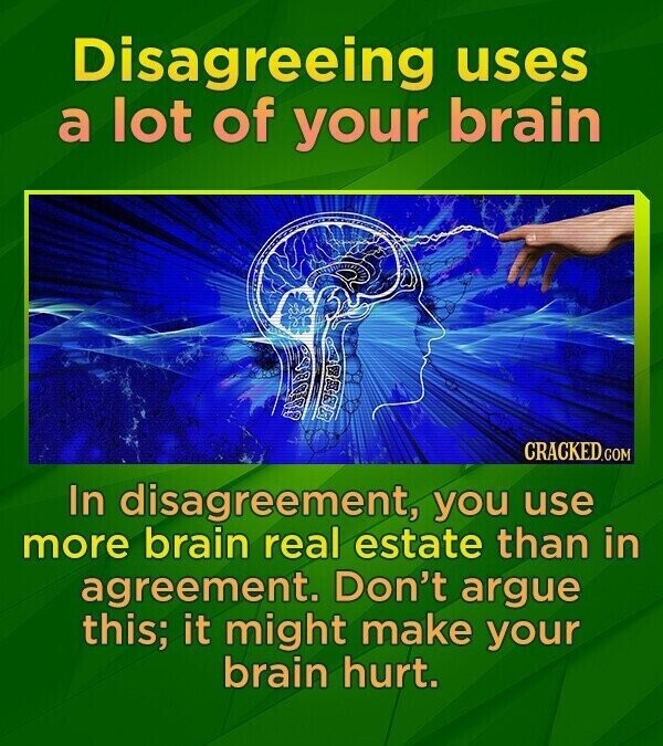Disagreeing uses a lot of your brain CRACKED.COM In disagreement, you use more brain real estate than in agreement. Don't argue this; it might make your brain hurt.