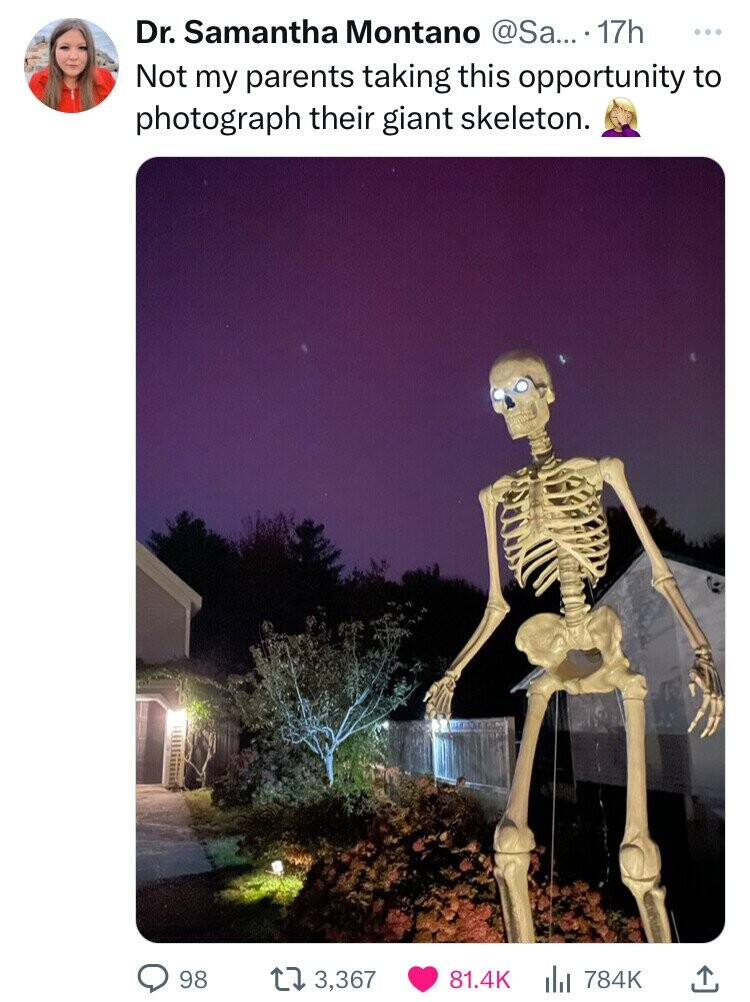 Dr. Samantha Montano @Sa... 17h ... Not my parents taking this opportunity to photograph their giant skeleton. 98 3,367 81.4K 784K 