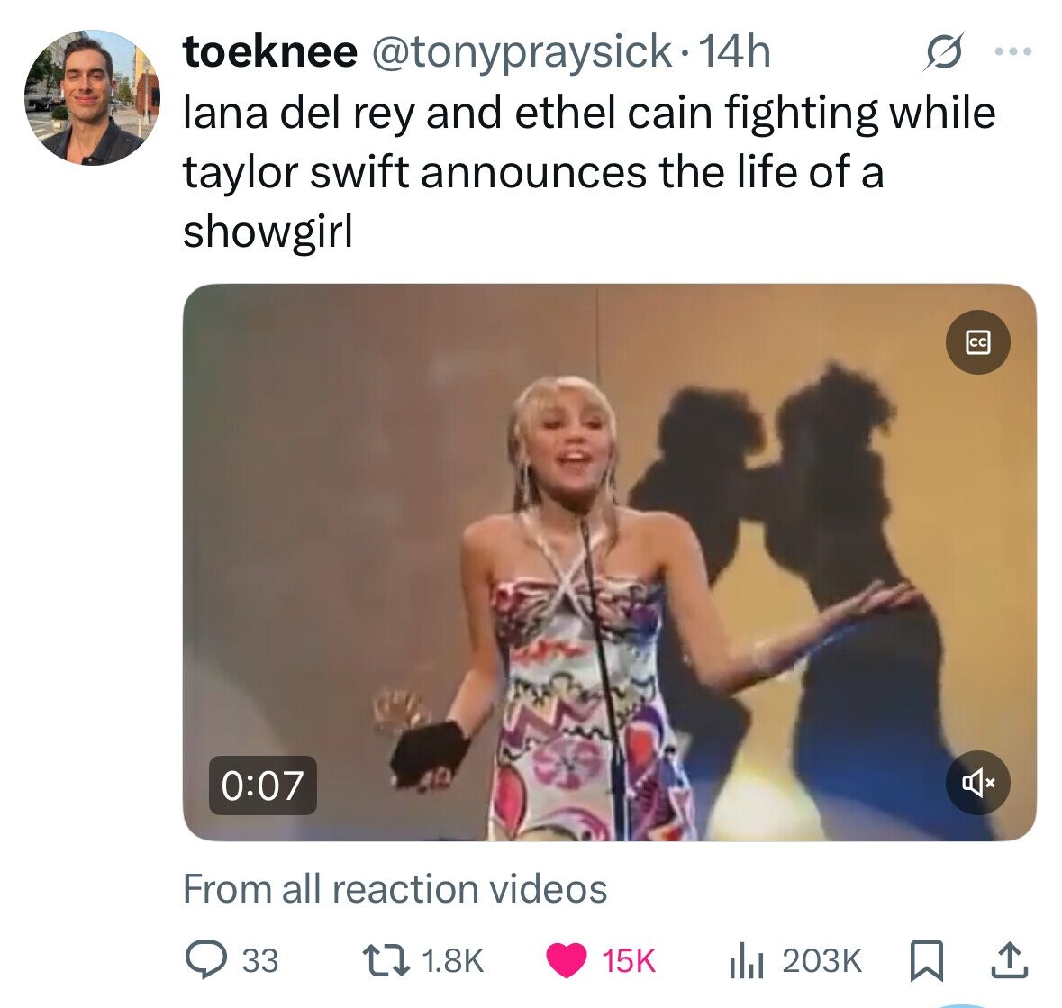 toeknee @tonypraysick. 14h s ... lana del rey and ethel cain fighting while taylor swift announces the life of a showgirl cc 0:07 From all reaction videos 33 1.8K 203K 15K 
