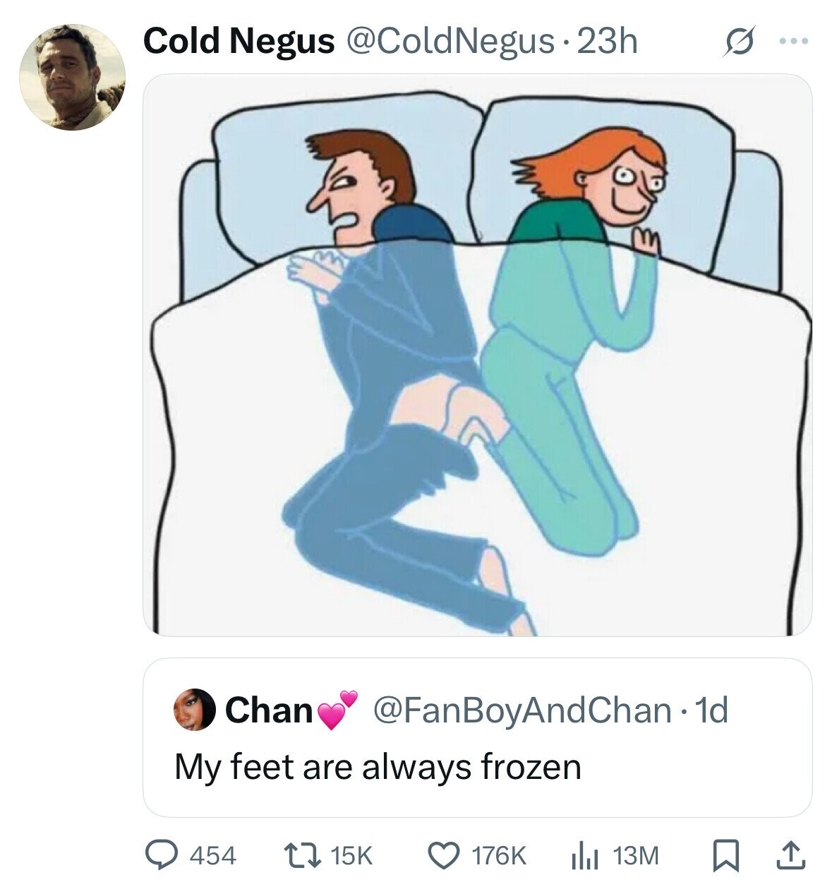 s ... Cold Negus @ColdNegus 23h Chan @FanBoyAndChan1d My feet are always frozen 454 15K 176K 13M 