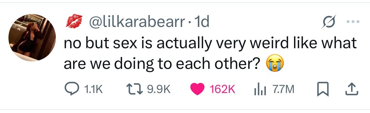 @lilkarabearr.1d no but sex is actually very weird like what are we doing to each other? 1.1K 9.9K 162K 7.7M