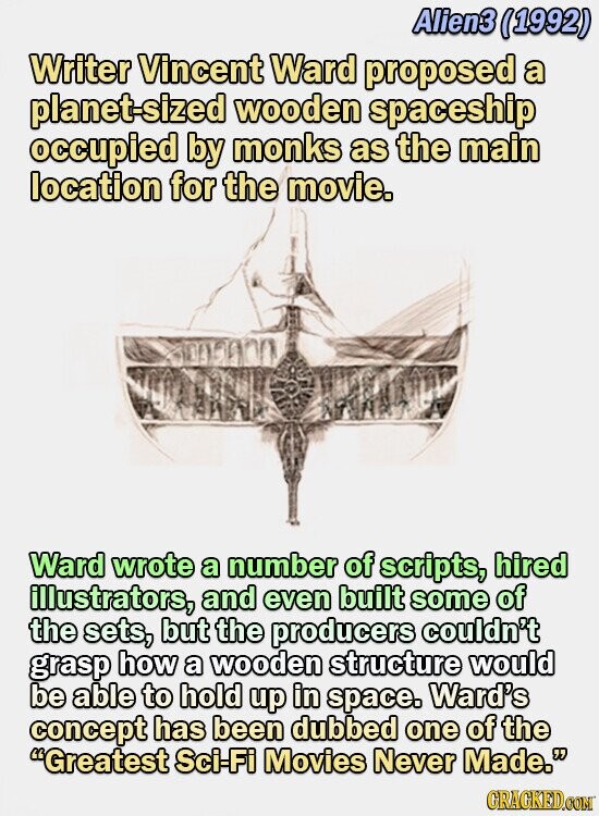 Alien3 (1992) Writer Vincent Ward proposed a planet-size wooden spaceship occupied by monks as the main location for the movie. 05nn Ward wrote a number of scripts, hired illustrators, and even built some of the sets, but the producers couldn't grasp how a wooden structure would be able to hold