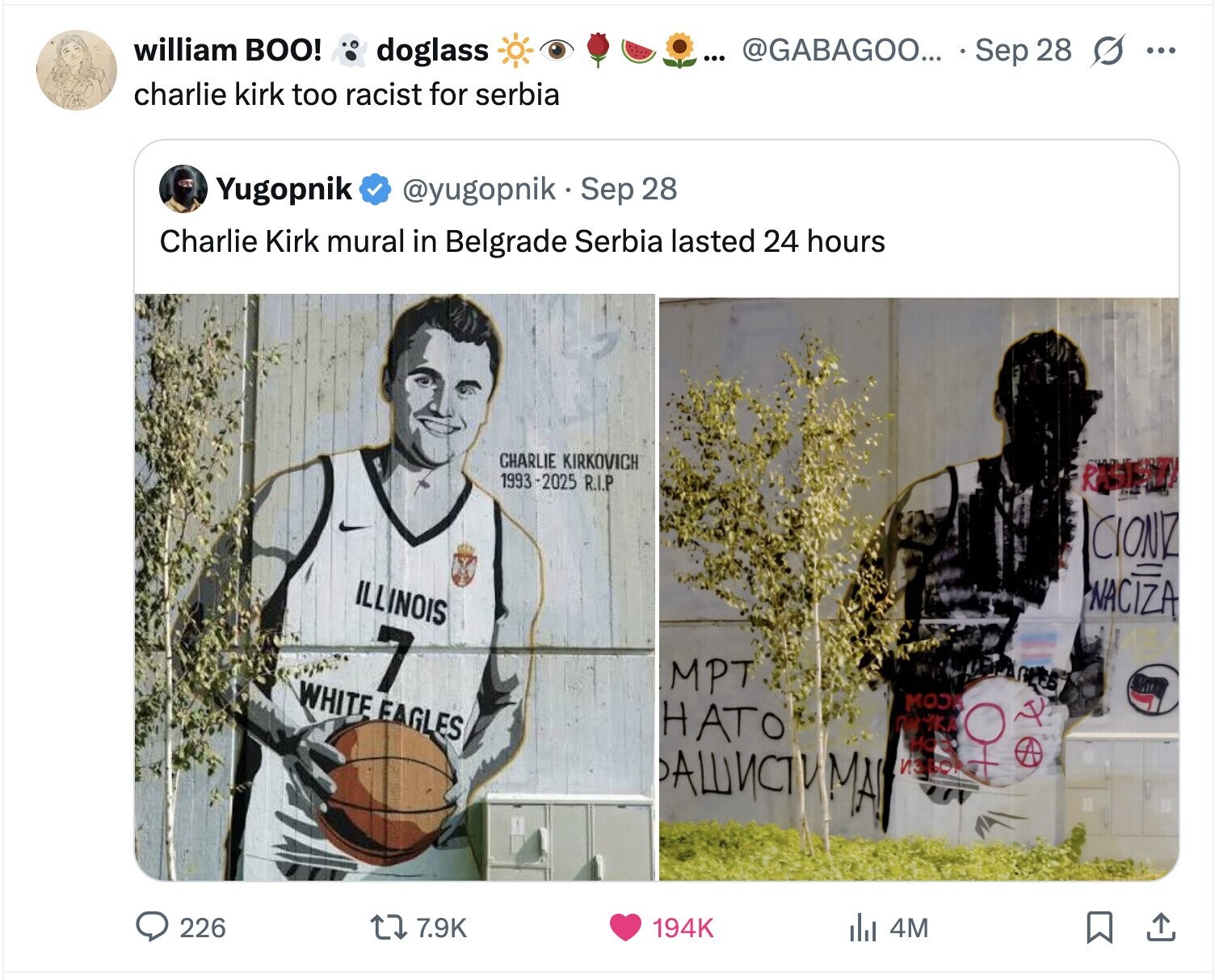 william BOO! ... @GABAGOO... Sep 28 s ... doglass charlie kirk too racist for serbia Yugopnik @yugopnik Sep 28 Charlie Kirk mural in Belgrade Serbia lasted 24 hours CHARLIE KIRKOVICH 1993-2025 R.I.P CIONIZ ILLINOIS NACIZA 7 MPT WHITE EAGLES MOJ НАТО ПУКА HOP РАШИСТИМАЯ ИЗБОР 226 7.9K 194K du 4M 