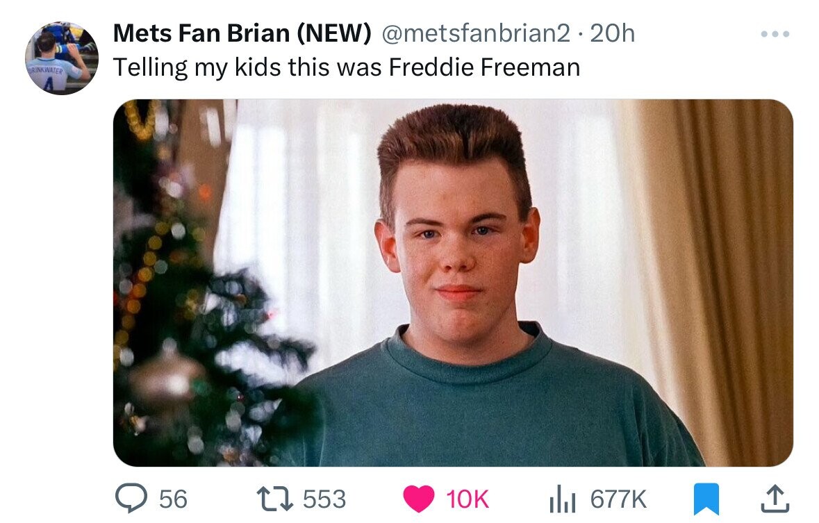 Mets Fan Brian (NEW) @metsfanbrian2 - 2 20h DRINKWATER Telling my kids this was Freddie Freeman 56 553 10K 677K 