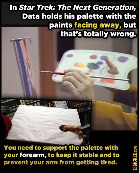 In Star Trek: The Next Generation, Data holds his palette with the paints facing away, but that's totally wrong. You need to support the palette with your forearm, to keep it stable and to prevent your arm from getting tired. CRACKED.COM