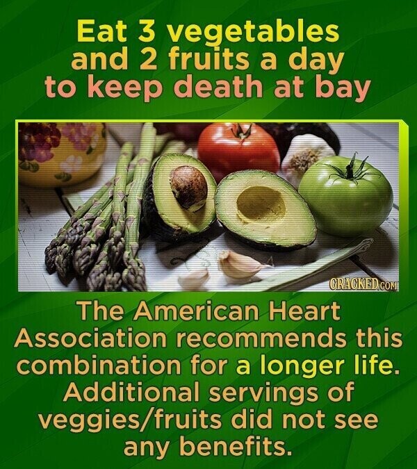 Eat 3 vegetables and 2 fruits a day to keep death at bay CRACKED COM The American Heart Association recommends this combination for a longer life. Additional servings of veggies/fruits did not see any benefits.