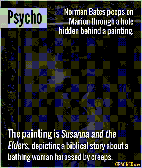 Psycho Norman Bates peeps on Marion through a hole hidden behind a painting. The painting is Susanna and the Elders