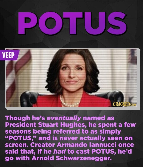 POTUS VEEP CRACKEDO Though he's eventually named as President Stuart Hughes, he spent a few seasons being referred to as simply POTUS, and is never actually seen on screen. Creator Armando lannucci once said that, if he had to cast POTUS, he'd go with Arnold Schwarzenegger.