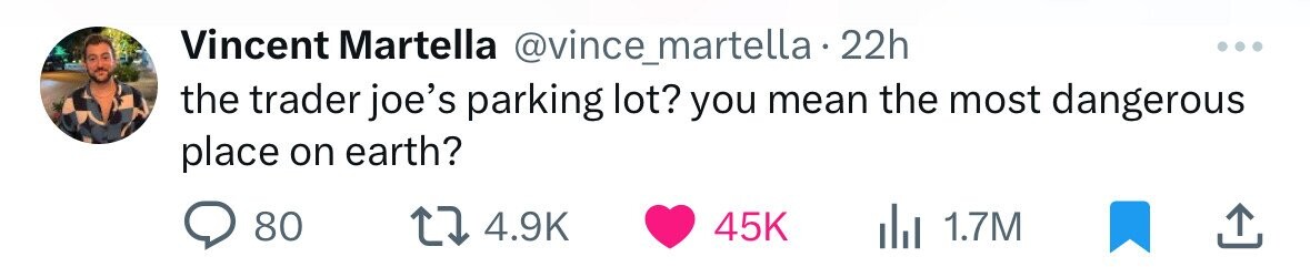 Vincent Martella @vince_martella 22h ... the trader joe's parking lot? you mean the most dangerous place on earth? 80 4.9K 45K 1.7M 