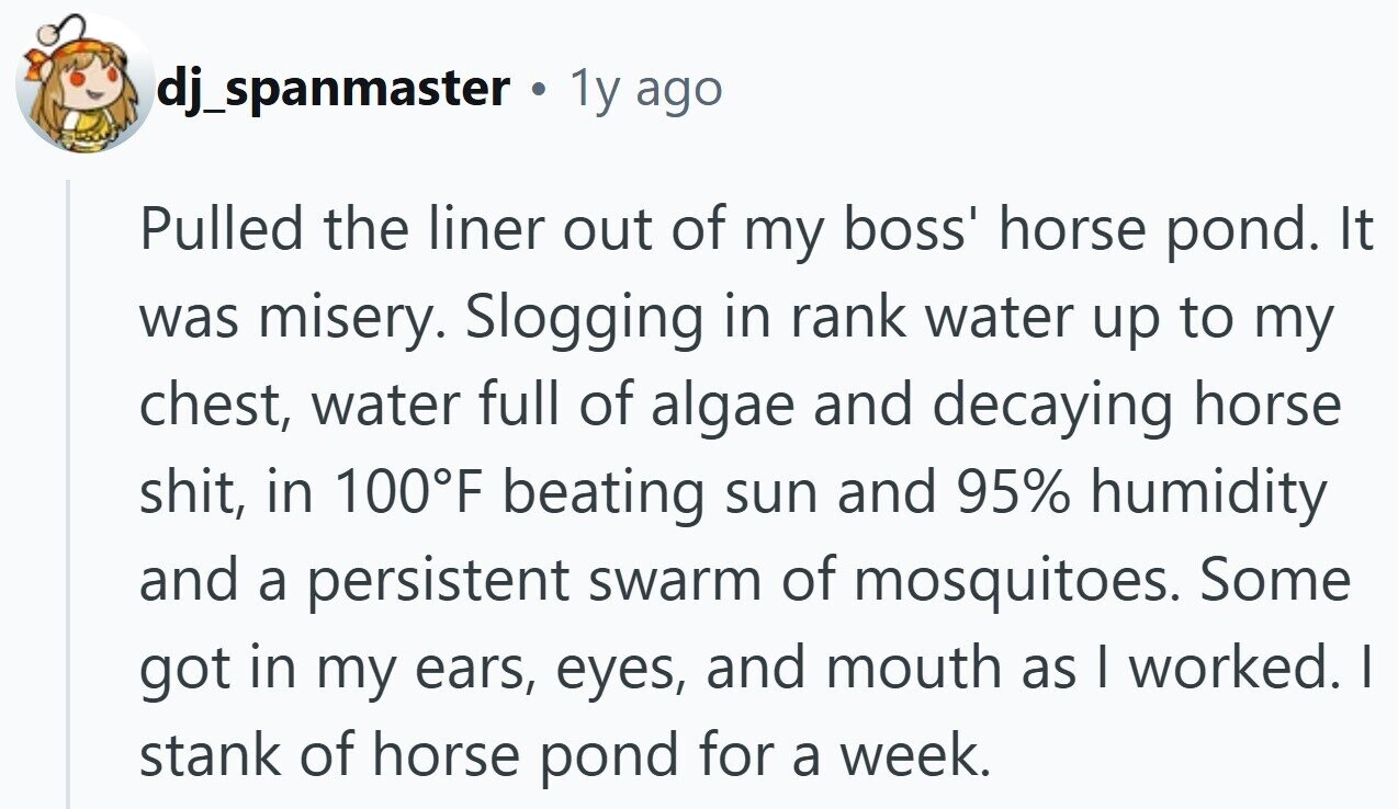 dj_spanmaster . 1y ago Pulled the liner out of my boss' horse pond. It was misery. Slogging in rank water up to my chest, water full of algae and decaying horse shit, in 100°F beating sun and 95% humidity and a persistent swarm of mosquitoes. Some got in my ears, eyes, and mouth as I worked. I stank of horse pond for a week.