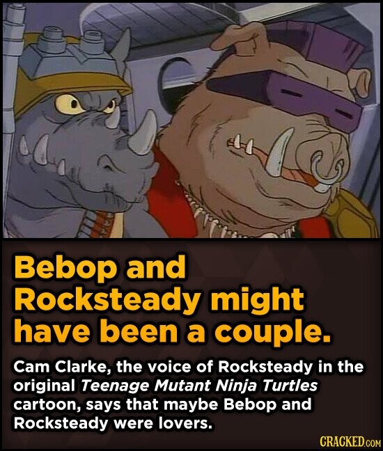 Bebop and Rocksteady might have been a couple. Cam Clarke, the voice of Rocksteady in the original Teenage Mutant Ninja Turtles cartoon, says that maybe Bebop and Rocksteady were lovers. CRACKED.COM