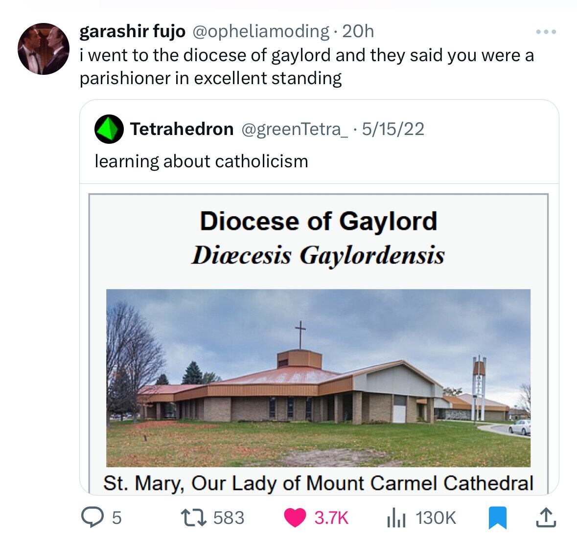 garashir fujo @opheliamoding 20h ... i went to the diocese of gaylord and they said you were a parishioner in excellent standing Tetrahedron @greenTetra_ 5/15/22 learning about catholicism Diocese of Gaylord Diœcesis Gaylordensis St. Mary, Our Lady of Mount Carmel Cathedral 5 583 3.7K 130K 