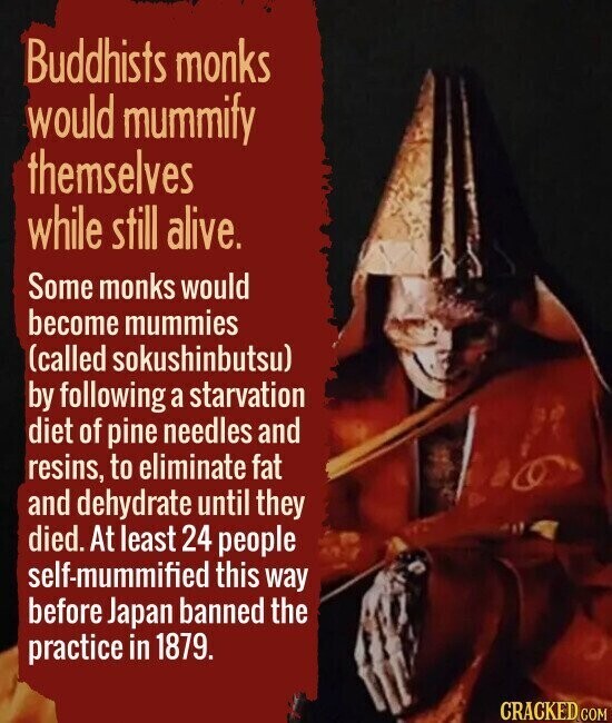 Buddhists monks would mummify themselves while still alive. Some monks would become mummies (called sokushinbutsu) by following a starvation diet of pine needles and resins, to eliminate fat and dehydrate until they died. At least 24 people self-mummified this way before Japan banned the practice in 1879. CRACKED.COM