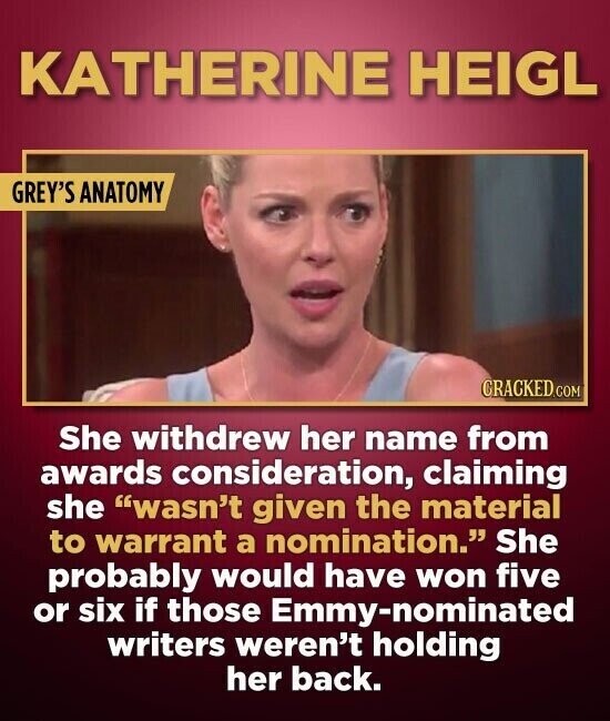 KATHERINE HEIGL GREY'S ANATOMY CRACKED.COM She withdrew her name from awards consideration, claiming she wasn't given the material to warrant a nomination. She probably would have won five or six if those Emmy-nominated writers weren't holding her back.
