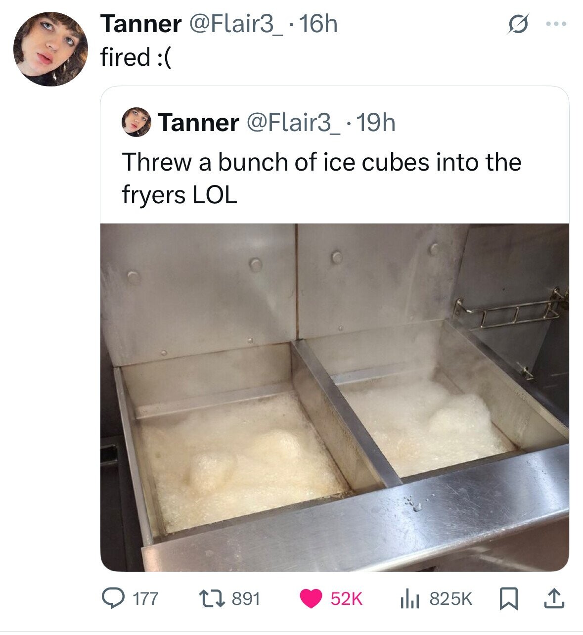 Tanner @Flair3_.16h S ... fired :( Tanner @Flair3_.19h Threw a bunch of ice cubes into the fryers LOL 177 891 52K 825K 