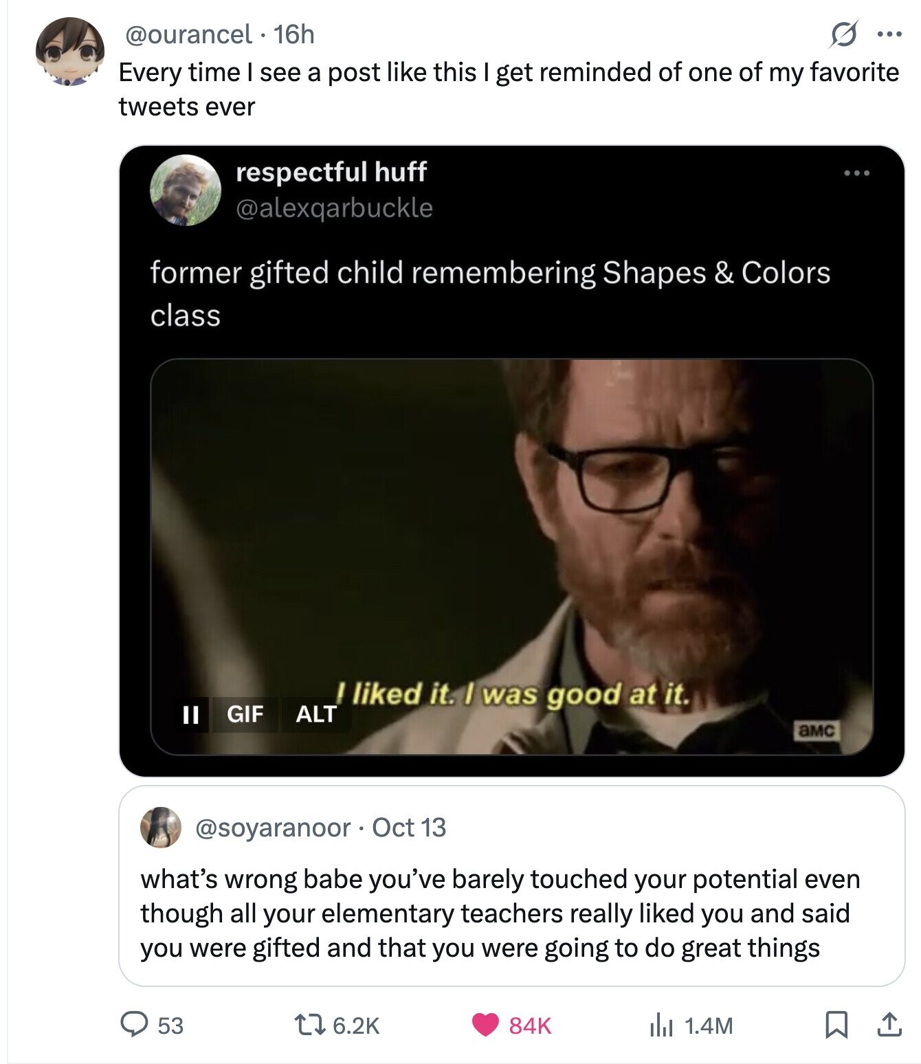 O ... @ourancel 16h Every time I see a post like this I get reminded of one of my favorite tweets ever respectful huff @alexqarbuckle former gifted child remembering Shapes & Colors class I liked it. I was good at it. II GIF ALT aMC @soyaranoor Oct 13 what's wrong babe you've barely touched your potential even though all your elementary teachers really liked you and said you were gifted and that you were going to do great things 53 84K 6.2K 1.4M 