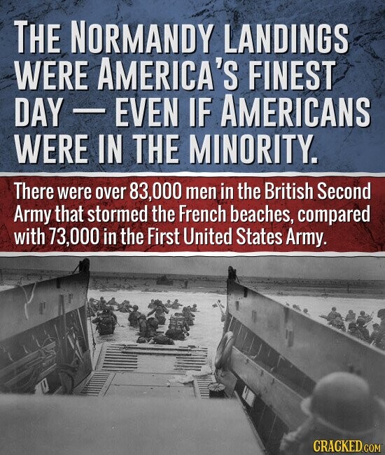 THE NORMANDY LANDINGS WERE AMERICA'S FINEST DAY-EVEN IF AMERICANS WERE IN THE MINORITY. There were over 83,000 men in the British Second Army that stormed the French beaches, compared with 73,000 in the First United States Army. CRACKED.COM