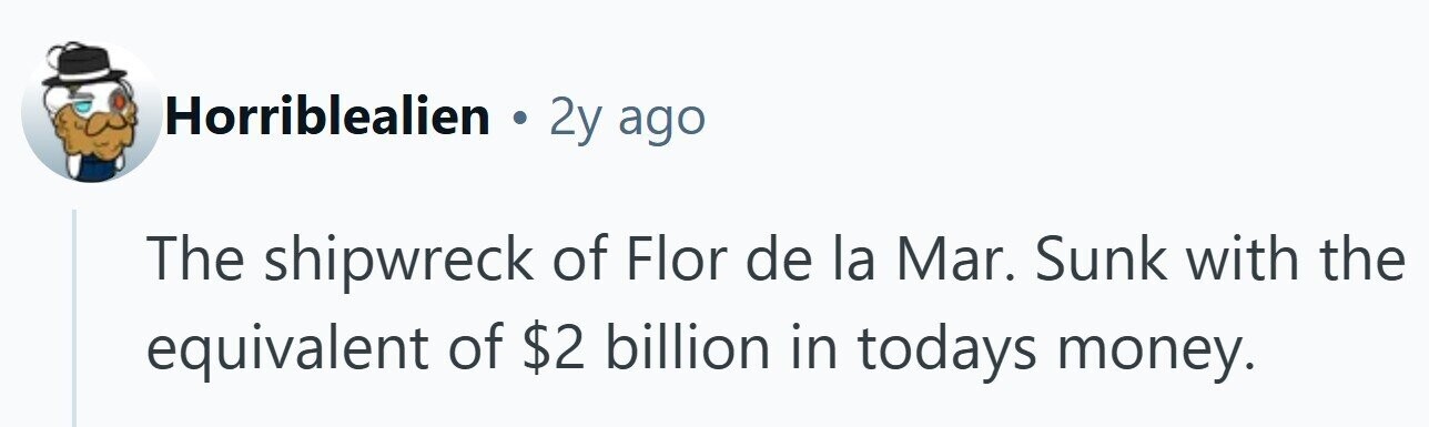Horriblealien . 2y ago The shipwreck of Flor de la Mar. Sunk with the equivalent of $2 billion in todays money. 
