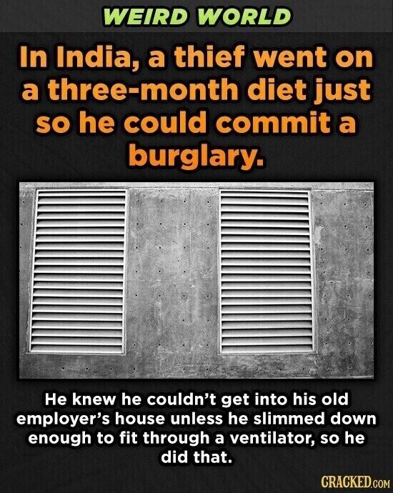 WEIRD WORLD In India, a thief went on a three-month diet just so he could commit a burglary. Не knew he couldn't get into his old employer's house unless he slimmed down enough to fit through a ventilator, so he did that. CRACKED.COM
