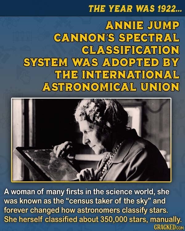 THE YEAR WAS 1922... ANNIE JUMP CANNON'S SPECTRAL CLASSIFICATION SYSTEM WAS ADOPTED BY THE INTERNATIONAL ASTRONOMICAL UNION A woman of many firsts in the science world, she was known as the census taker of the sky and forever changed how astronomers classify stars. She herself classified about 350,000 stars, manually. CRACKED.COM