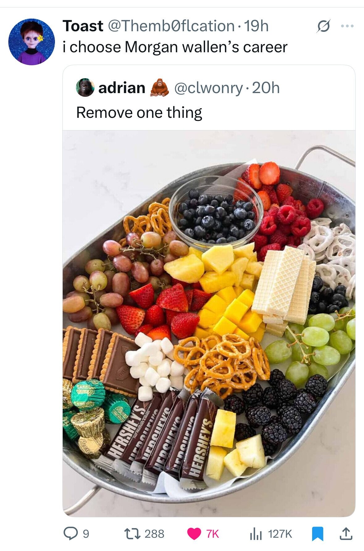 Toast @Themb0flcation. 19h S ... i choose Morgan wallen's career adrian @clwonry.20h Remove one thing n Roase Reese ALMONDER MILK HERSHEY'S HERSHEY'S HERSHEY'S 9 288 7K 127K 