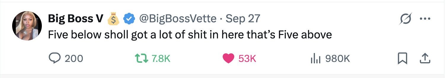 Big Boss V $ @BigBossVette Sep 27 ... Five below sholl got a lot of shit in here that's Five above 200 7.8K 53K del 980K 