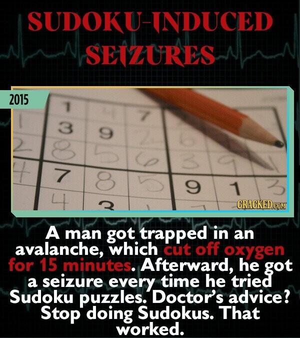 SUDOKU-INDUCED SEIZURES 2015 1 3 9 (o 7 8 A man got trapped in an avalanche, which cut off oxygen for 15 minutes. Afterward, he got a seizure every time he tried Sudoku puzzles. Doctor's advice? Stop doing Sudokus. That worked.