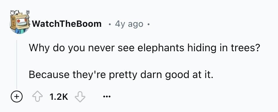 WatchTheBoom E 4y ago Why do you never see elephants hiding in trees? Because they're pretty darn good at it. + 1.2K ...