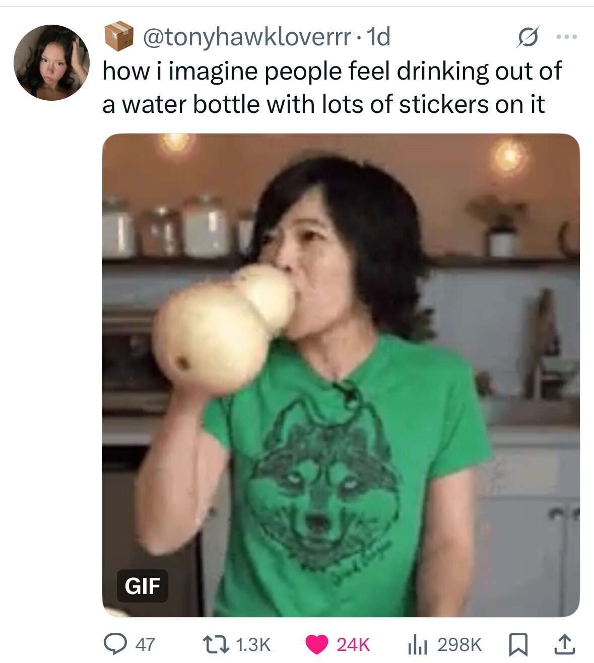 @tonyhawkloverrr. 1d s ... how i imagine people feel drinking out of a water bottle with lots of stickers on it GIF 47 1.3K 24K 298K 